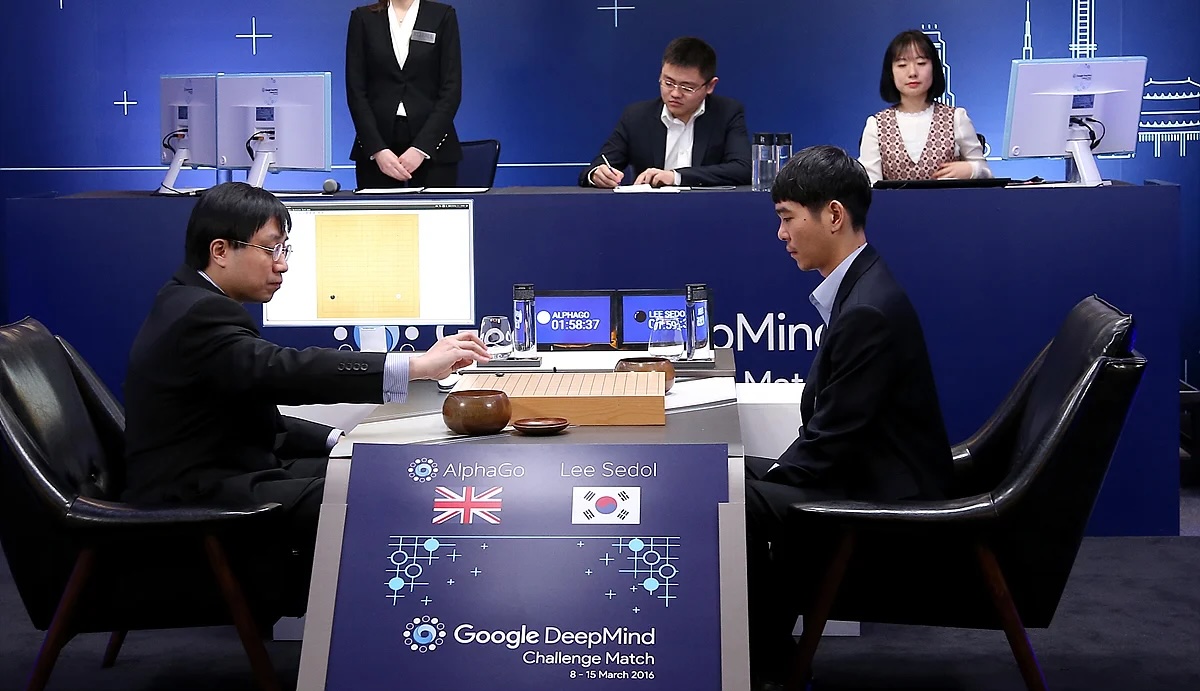 Lee Sedol playing against AlphaGo through a human proxy updating the physical board on behalf of AlphaGo